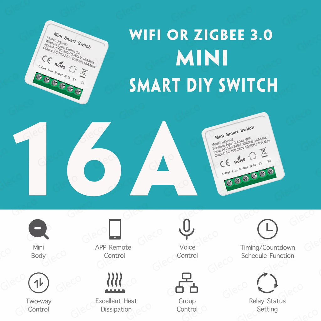 16A Wifi /Zigbee 3.0 Mini Smart DIY Switch 2 Way Control Smart Home Relay Automation Breaker Works With Alexa Google Home