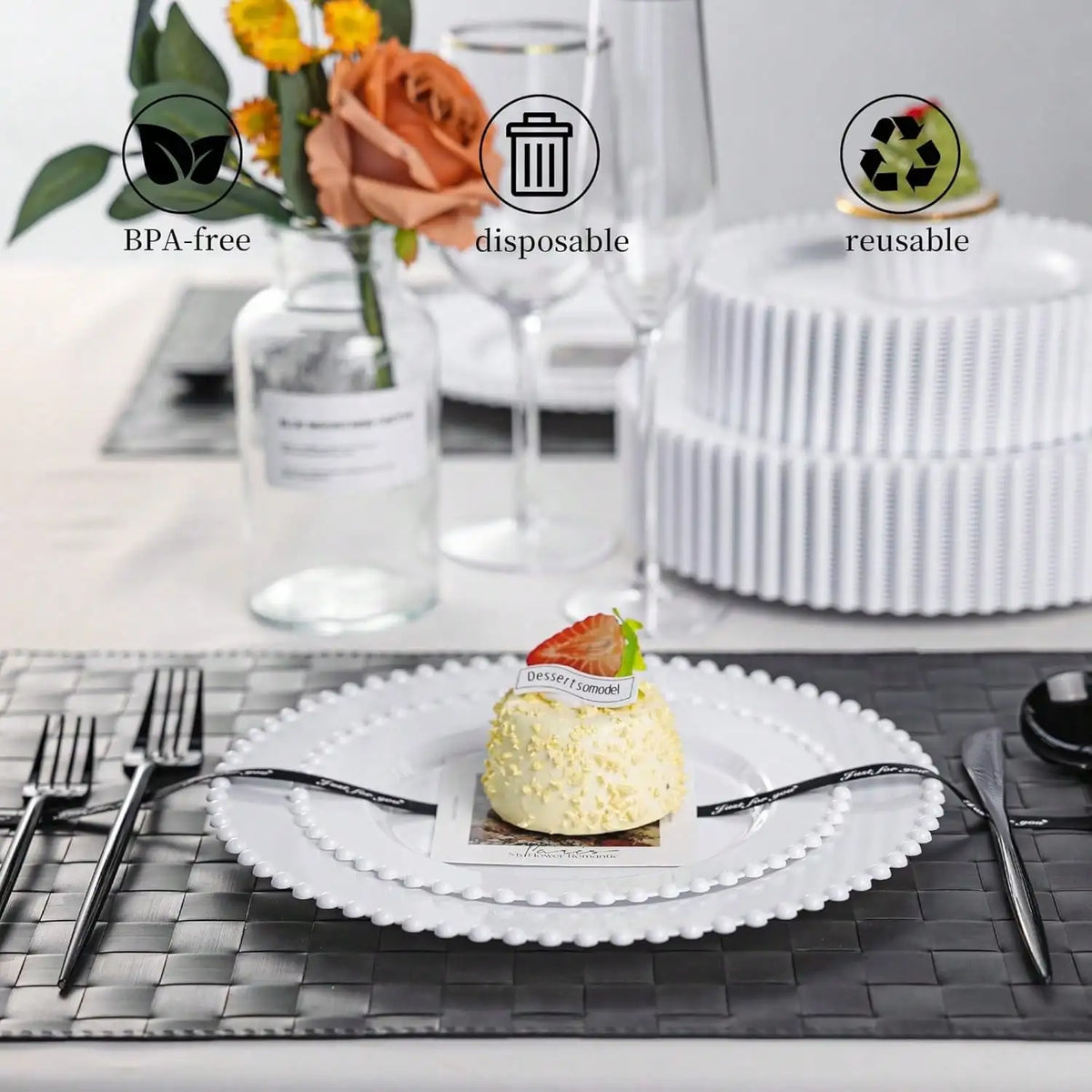 Plastic Plates Elegant Fancy Plastic Dinnerware Set White Pearl Beaded Rim Rigid Plastic 60 Pcs 7 Inch And 10 Inch Heavy Duty Disposable Dishes For Wedding Reception Birthday Party Catering Events
