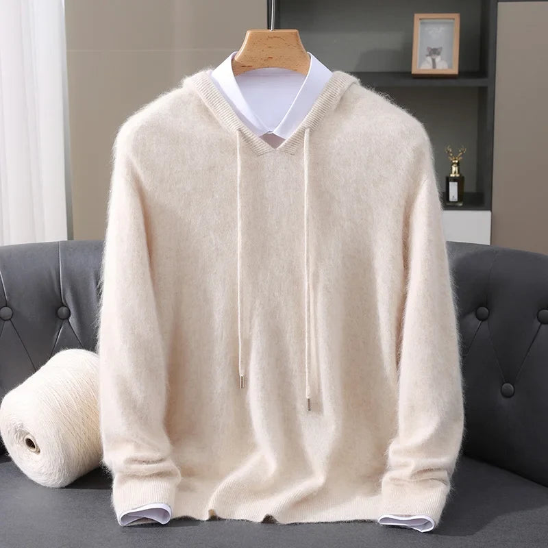 Men's Clothing: 100% Pure Mink Cashmere Knitted Sweater Casual And Loose Large-Sized Hooded Pullover Autumn Winter New Products