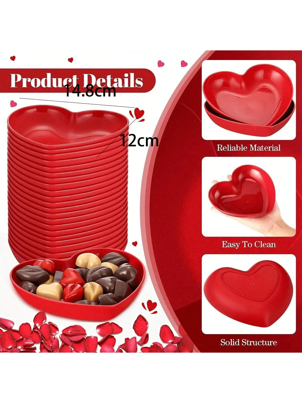 1/5/10/20pcs Plastic Heart Shaped Dinner Plate Set - Red And Pink Heart Themed Fruit Snacks Plate,Suitable For All Parties