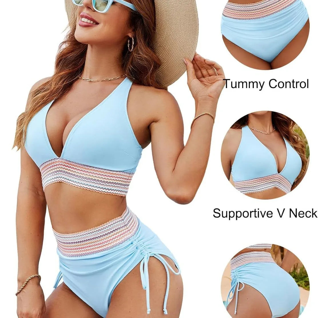 2026 Women's Shoulder High Waist Split Bikini Swimwear Swimsuit Set with Chest Cushion and Adjustable Shoulder Straps