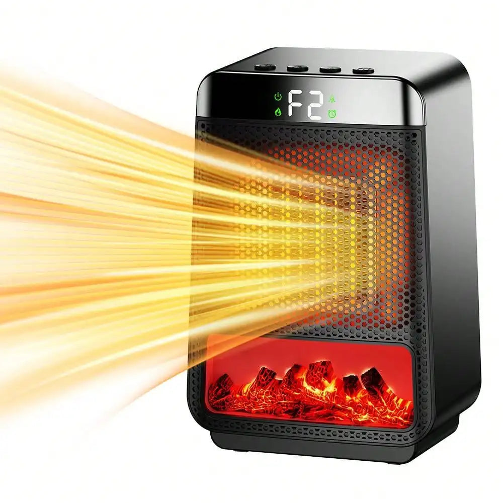 PTC Space Heater Portable Electric Heater with Simulated Flame 8H Timer Overheat & Tilt‑Protection for Home Office Indoor Use