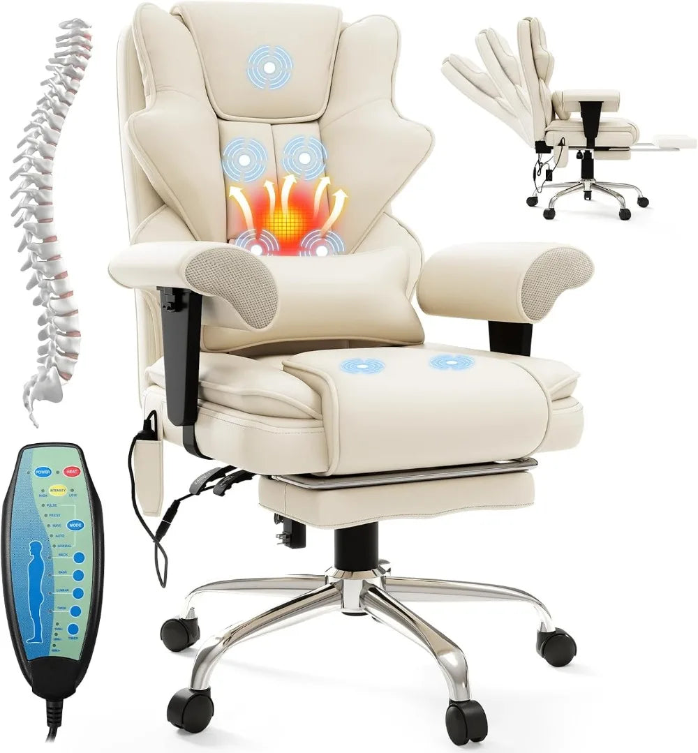 7-Point Massage Heated Executive Office Chair with Footrest, Beige