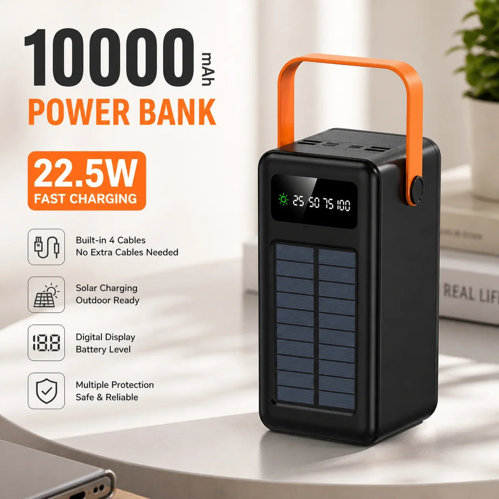 100000mAh Power Bank Portable Charger with Solar Panel, Fast Charging External Battery Pack, 4 Cables, Flashlight