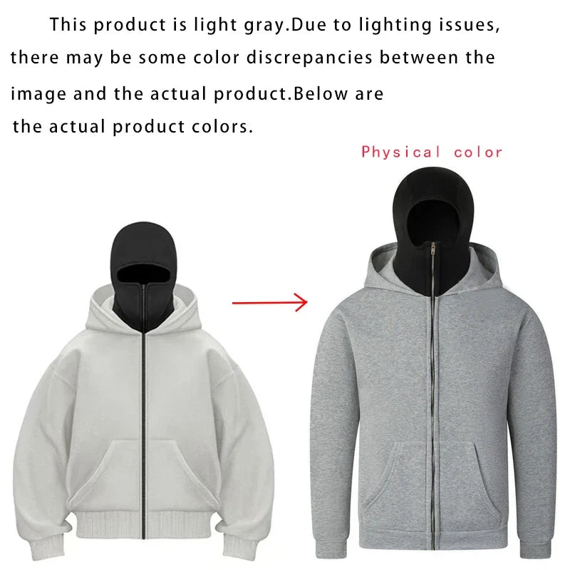 Men's Balaclava Zip Hoodie, Winter Warm Face Mask Hooded Jacket