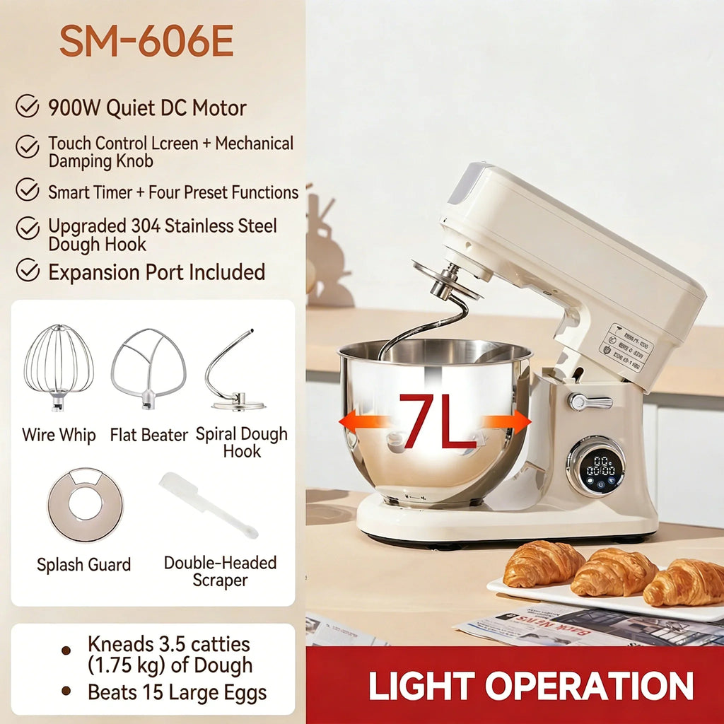 SUNATUR SM-606E 7L Stand Mixer 900W DC Quiet 11-Speed Timer, 304 Bowl Anti-Black Powder for Home & Commercial Baking
