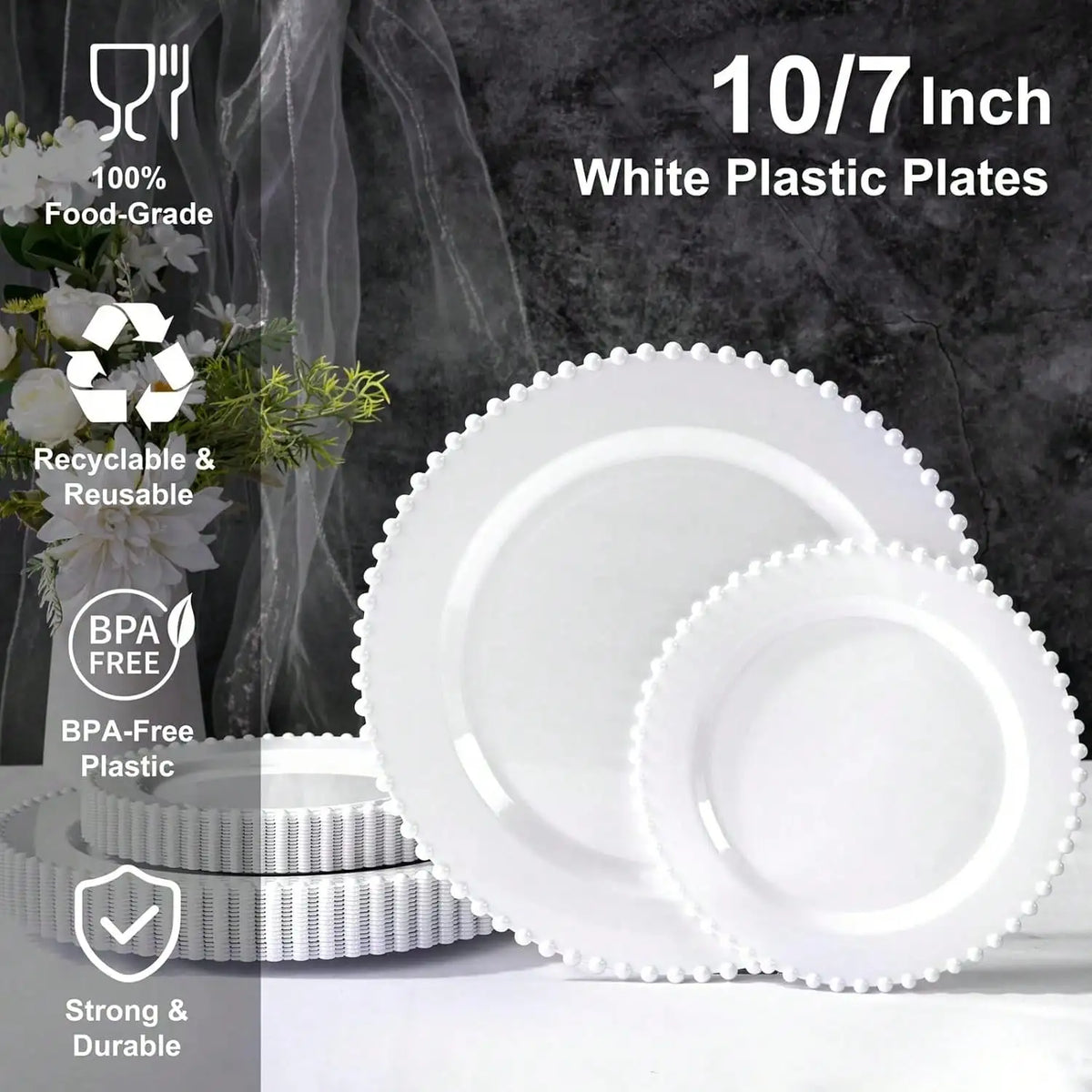 Plastic Plates Elegant Fancy Plastic Dinnerware Set White Pearl Beaded Rim Rigid Plastic 60 Pcs 7 Inch And 10 Inch Heavy Duty Disposable Dishes For Wedding Reception Birthday Party Catering Events