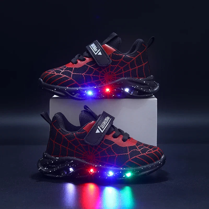 Mgo Children's Boys' Shoes, Light-Up Shoes, Lightweight Shoes, 2024 Spring and Autumn New Flashing Shoes, Fashionable Spider Web Trendy Shoes, Boys' Children's Sports Shoes, Mesh Spring Shoes Suitable for 1-3 Years Old, Child