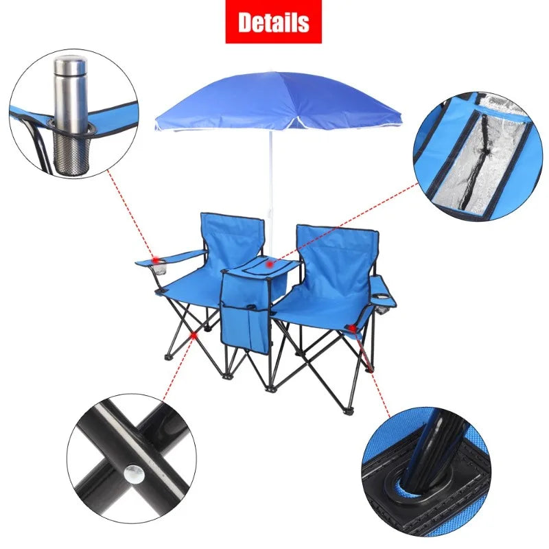 Camping Furnishings Folding Camping Outdoor Picnic Double Chair with Umbrella Table Cooler Beach New