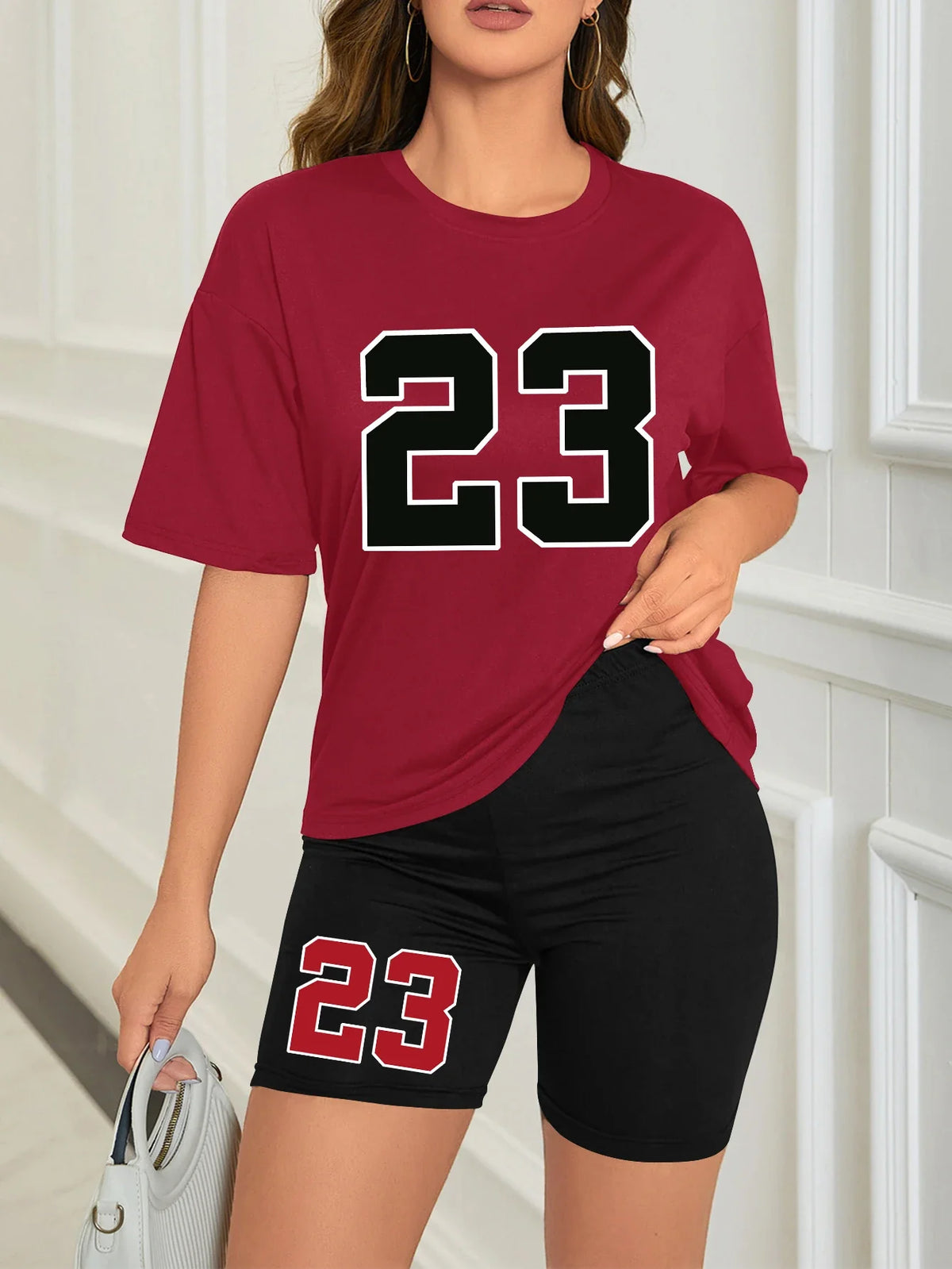 Women's Summer Set Number 23 Print Casual Shorts Set Sports Women's Shirt Shorts 2 Piece Street Wear Set Womens Summer Clothes