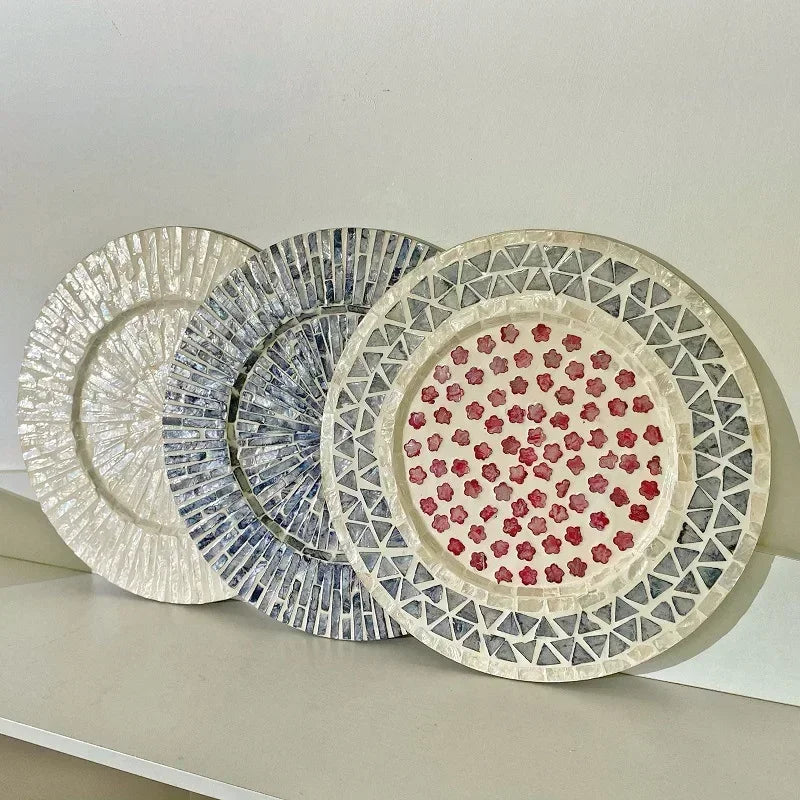Decorative Plate Natural Shell Wood Plates Set Golden Beads Glass Steak Pasta Serving Tray Dinner Decoration Kitchen Tableware