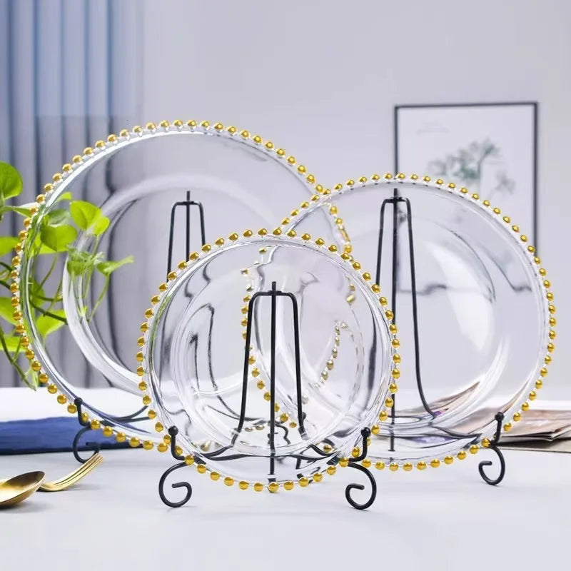 Nordic Style Plastic Steak Plate Gold Rimmed Fruit Salad round Dish Western Dinner Party Dinnerware Plate Decorative