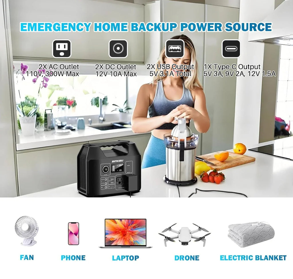 Portable Power Station 300W Solar Generator 256Wh 80000mAh Power Bank 110V AC/DC/USB/USB C LiFePO4 Battery Pack For Camping CPAP