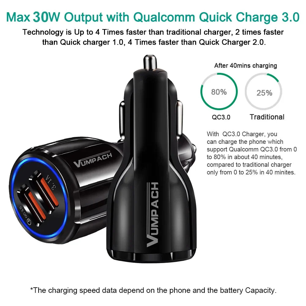 Vumpach Car Quick Charge QC 3.0 Mobile Phone Charger 2 Port USB Fast Car Charger for Samsung Xiaomi Ipad Sony Tablet Car Charger