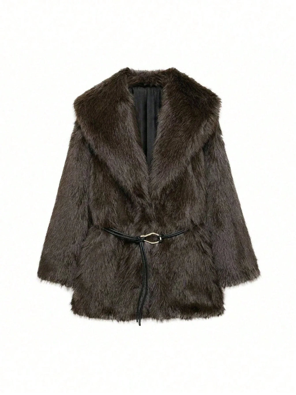 IG Women Large Lapel Belted Waist Faux Fur Mid-Length Coat, Long Sleeve Winter Warm Elegant Fluffy Outerwear