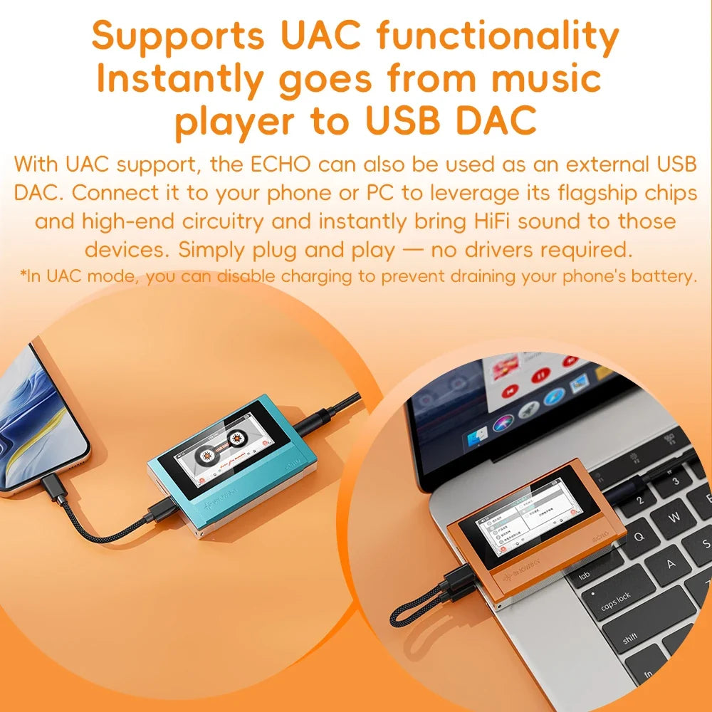 FiiO ECHO 4GB Portable Hi-Res Audio Music Player Dual DAC Bluetooth Music Player 3.5mm + 4.4mm Balanced Output Color Screen