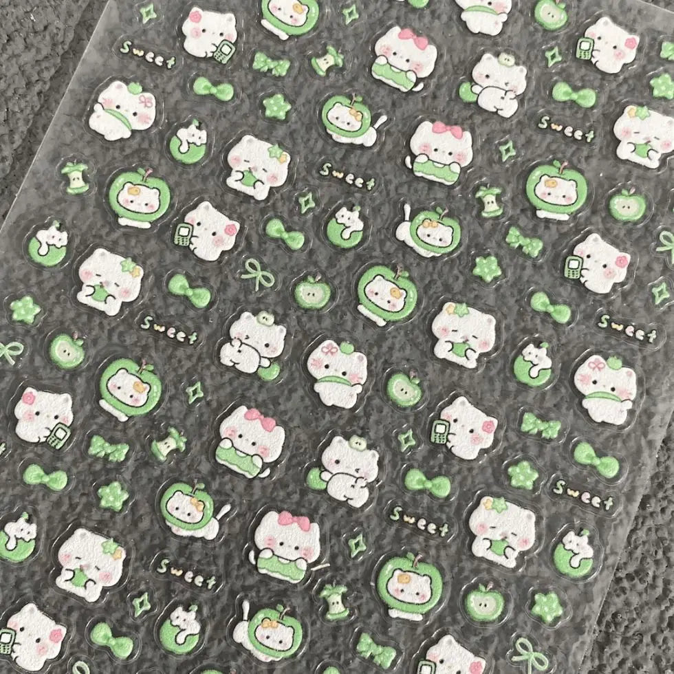 Cute Green Apple Kitten Four-leaf Clover Embossed Stickers for Lighters, Water Cups, Phone Cases DIY Decoration, Nail Stickers