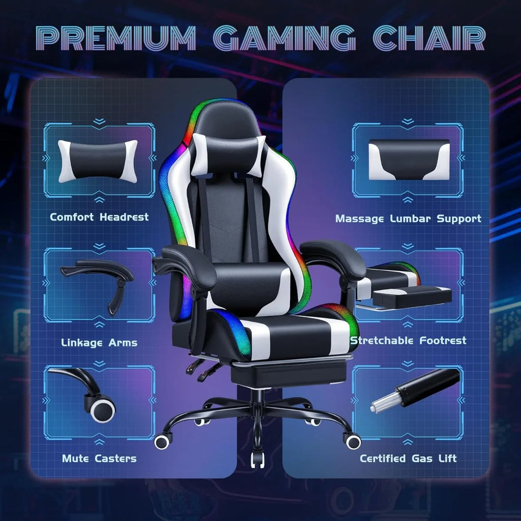 Chair with RGB LED Lights, Massage Lumbar Support & Footrest, Reclining High Back Computer Gamer Chair (White)