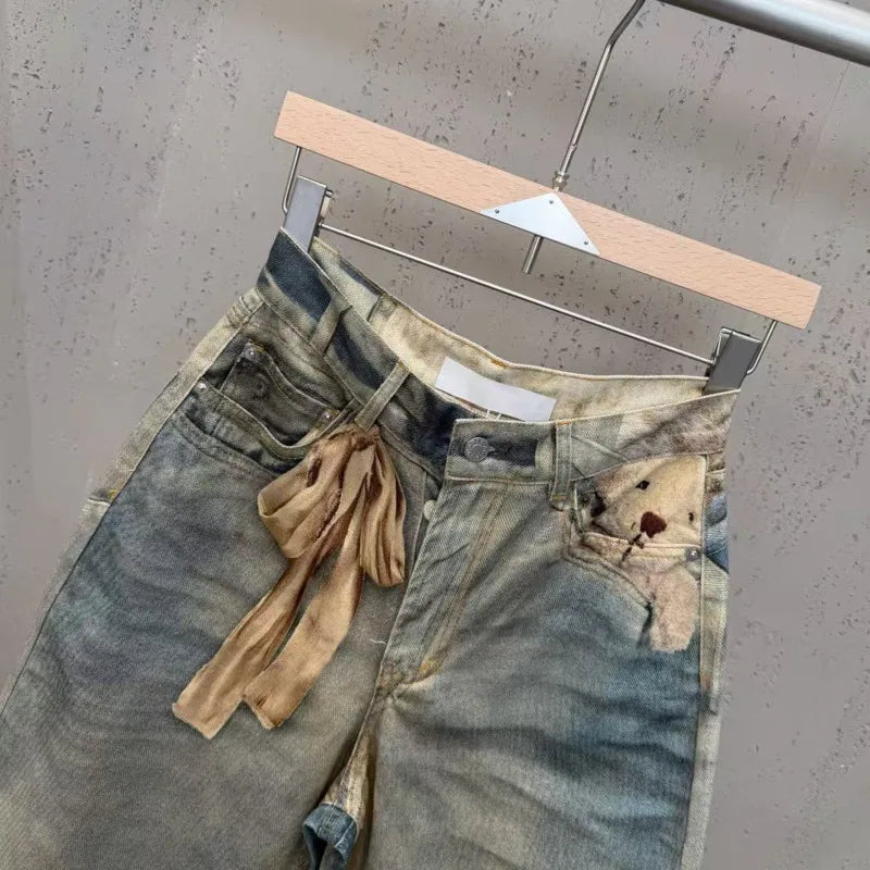 KUCLUT 2026 Summer Fashion Print Contrast Color Mesh Stretch T-shirts For Women Street Style Wide-Leg Denim Short Pants 1A3003