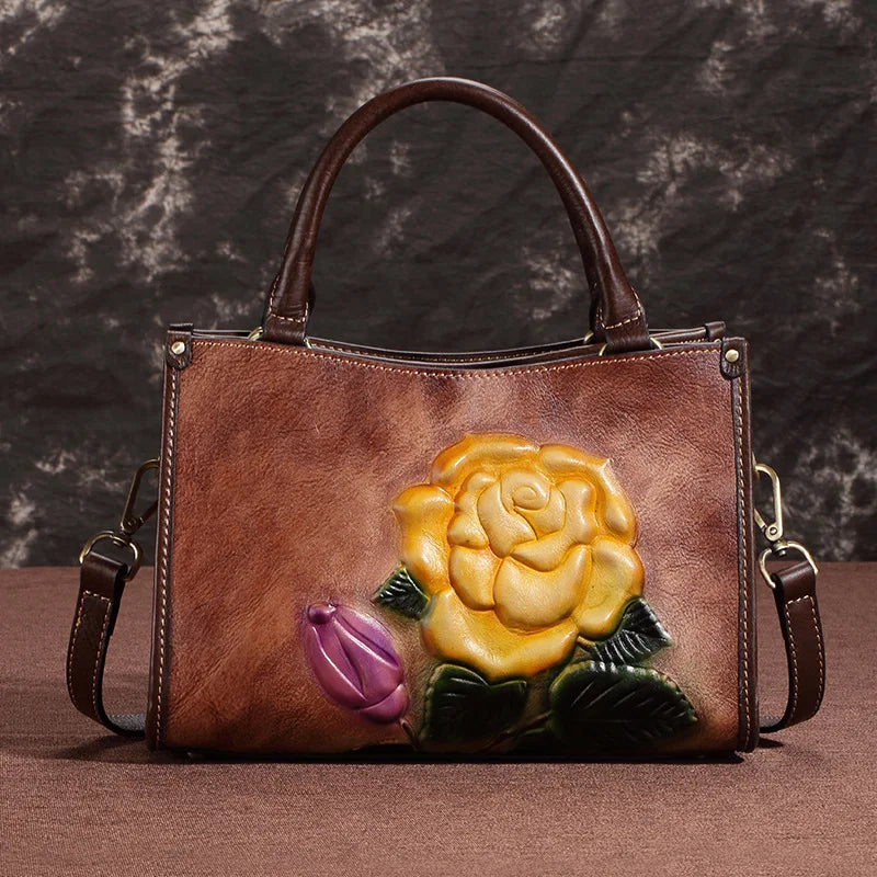 New Genuine Leather Handbag Retro Women's Casual Handcrafted Stroked Color Top Grain Cowhide Single Shoulder Crossbody Bag
