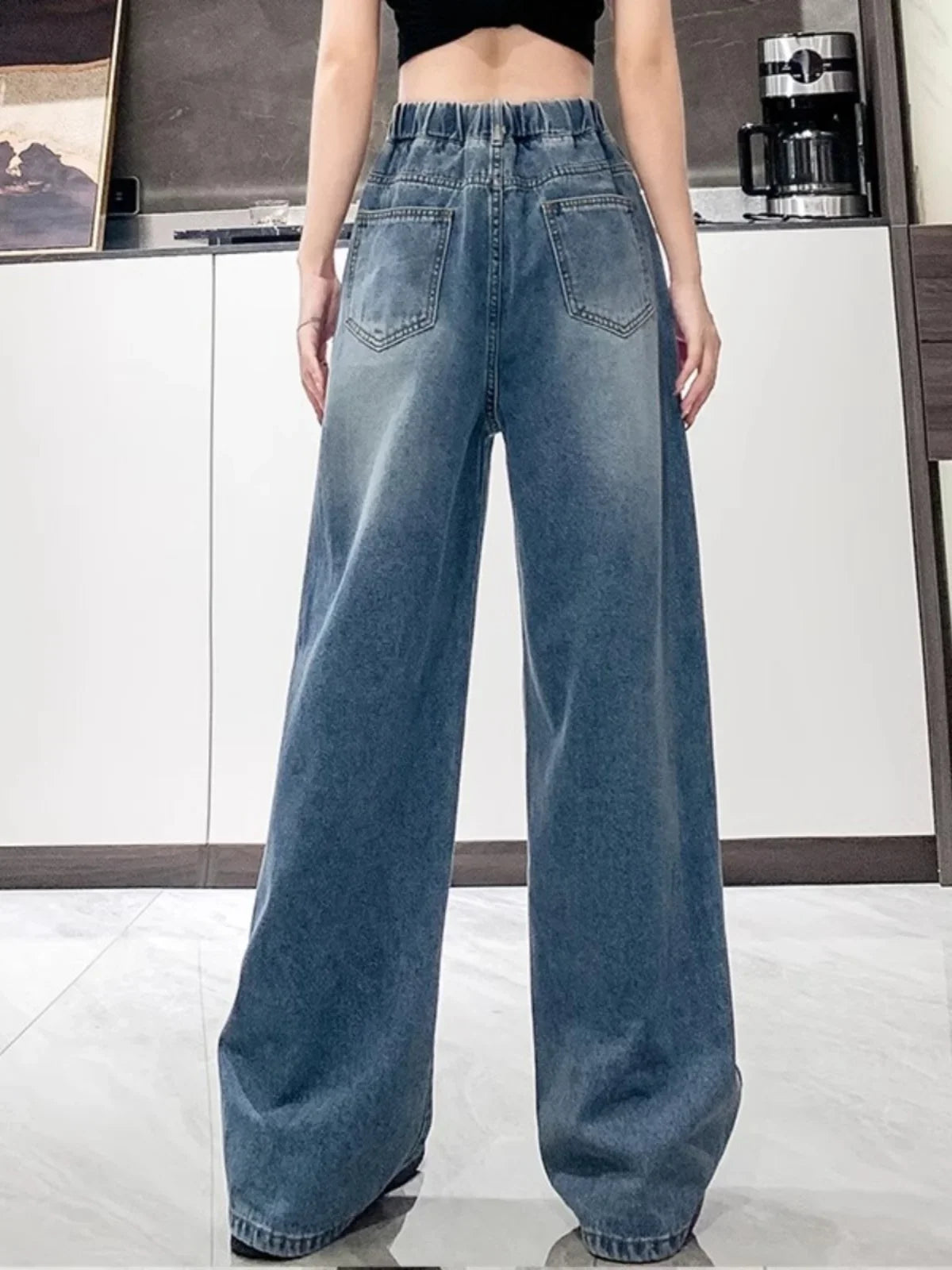 Loose Fit High Waist Wide Leg Jeans Women plus Size Light Blue Elastic Waist Dstring Trousers Autumn Faion plus Size