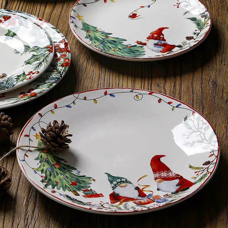 Christmas Ceramic Dinner Plate Set Household Underglaze Flat Round Dim Sum Decorative  Sushi