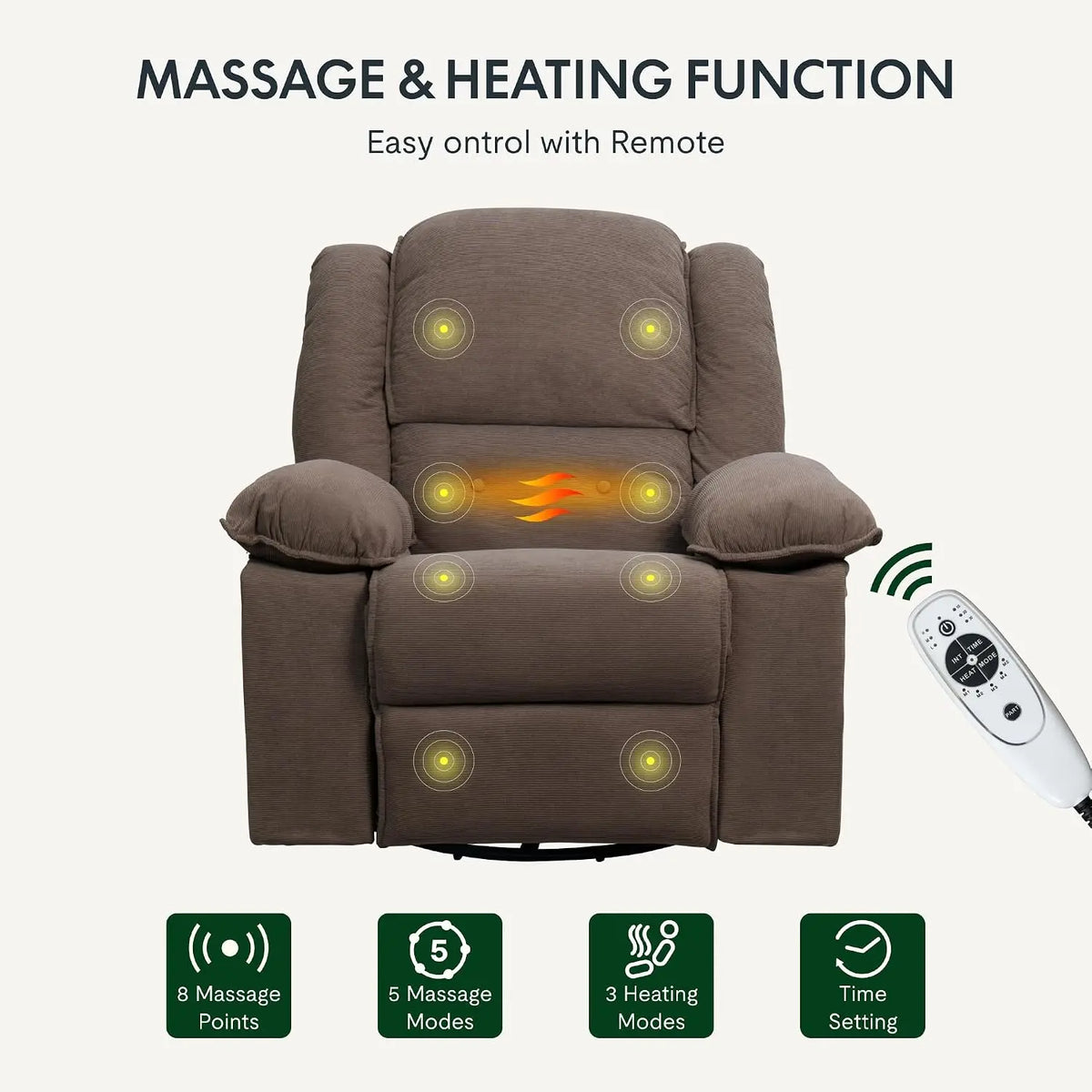 Massage Heat Rocker Recliner Chair, 360° Swivel Glider, Manual w/USB & Side Pocket, Compact Living Room Apartment, Brown, Custom