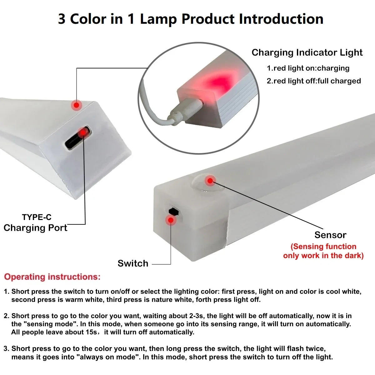 Motion Sensor Wireless LED Night Light USB Rechargeable Long Strip Bar Lamp for Kitchen Cabinet Wardrobe Bedside Staircase Tube