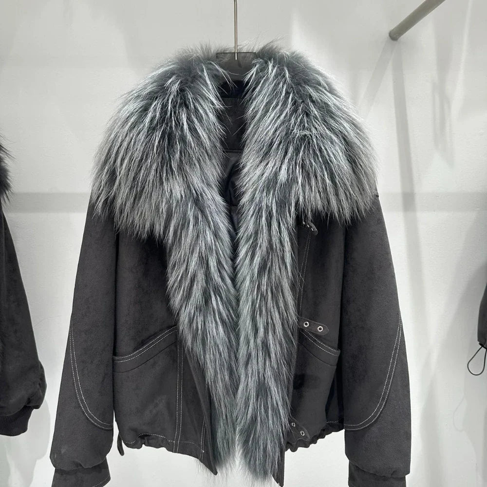 OFTBUY Women Suede Cropped Coat Oversized Real Fox Fur Collar Goose Down Jacket Winter Warm Drawstring Hem Daily Wear Outerwear