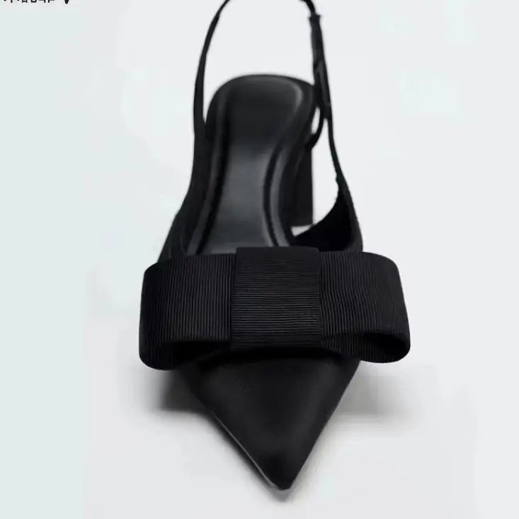 Summer New Women's Shoes with Black Bow Decoration, Exposed Heels, Thick Heels, Pointed High Heels, Shallow Sandals