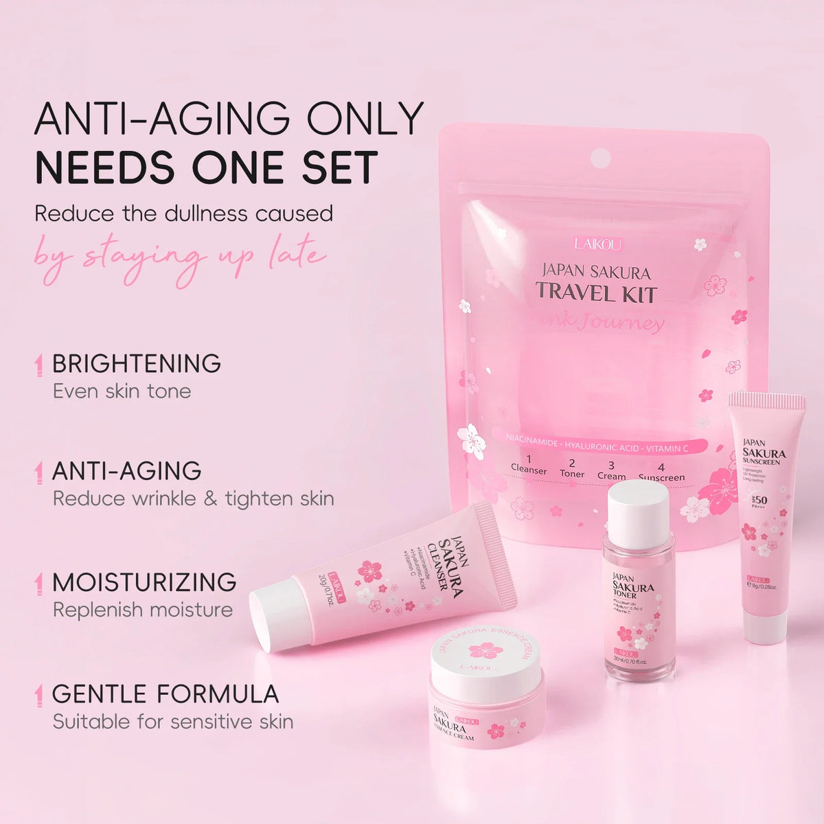 LAIKOU Japan Sakura Full Skincare Set Cleanser Toner Serum Cream Eye Cream Sunscreen Travel Kit Complete Facial Care