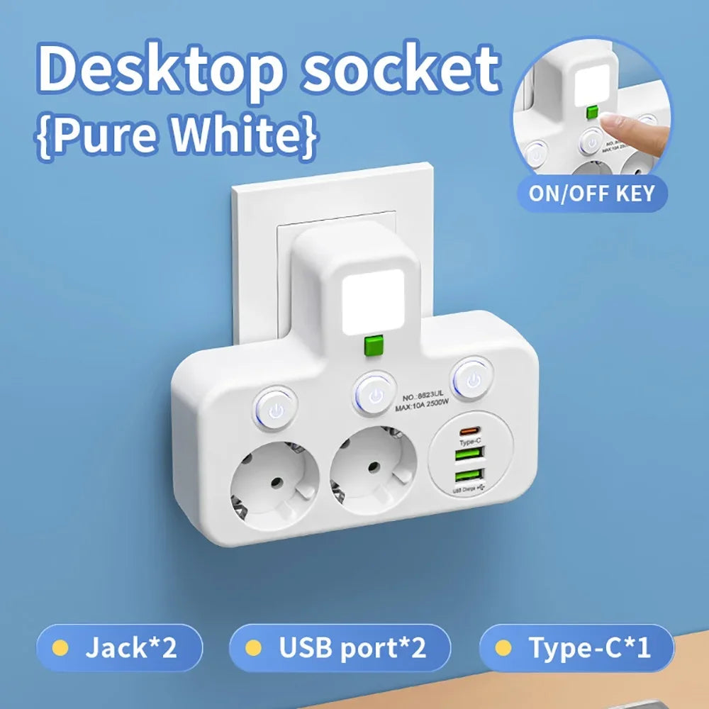 EU plug and socket 4 sockets, multi plug wall power plug and socket without extension cable or USB and Type-C port