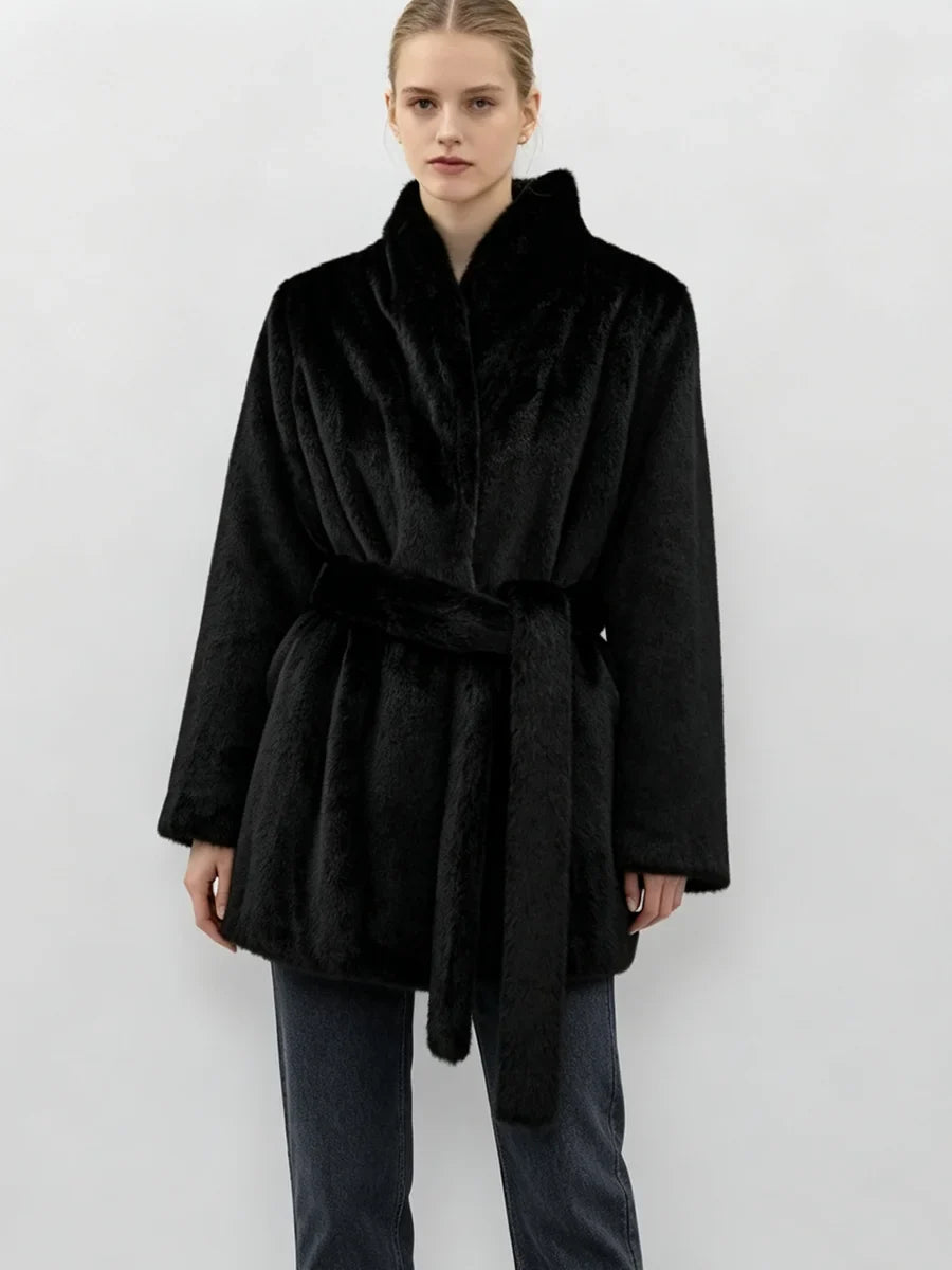 LIMO Women  Faux Mink Fur Coat Wrap Belted Waist Stand Collar Long Sleeve Loose Warm Winter Elegant Ladies  Plush Outerwear