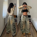 2026 Summer New Vintage Mud Fade Jeans Side Abstract Tribal Print High Waist Loose Wide Leg Euro American Daily Casual Pants