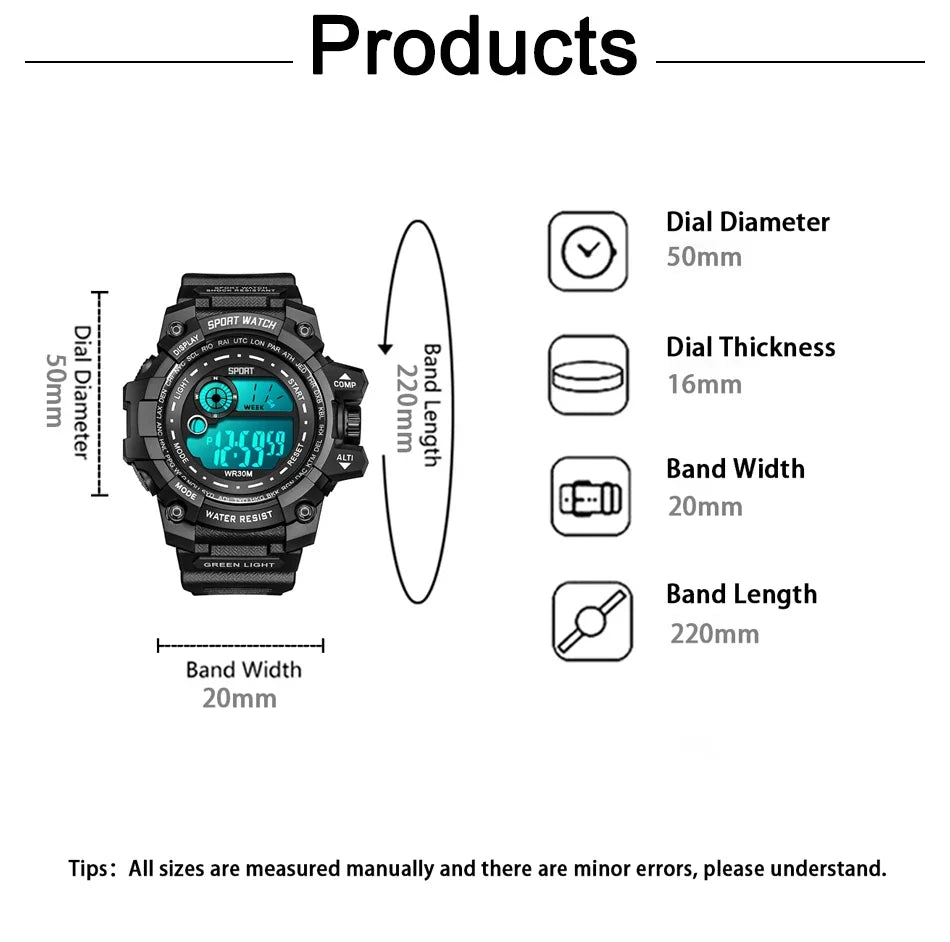 Men's LED Digital Watch, Luminous Waterproof Sport Military Watch