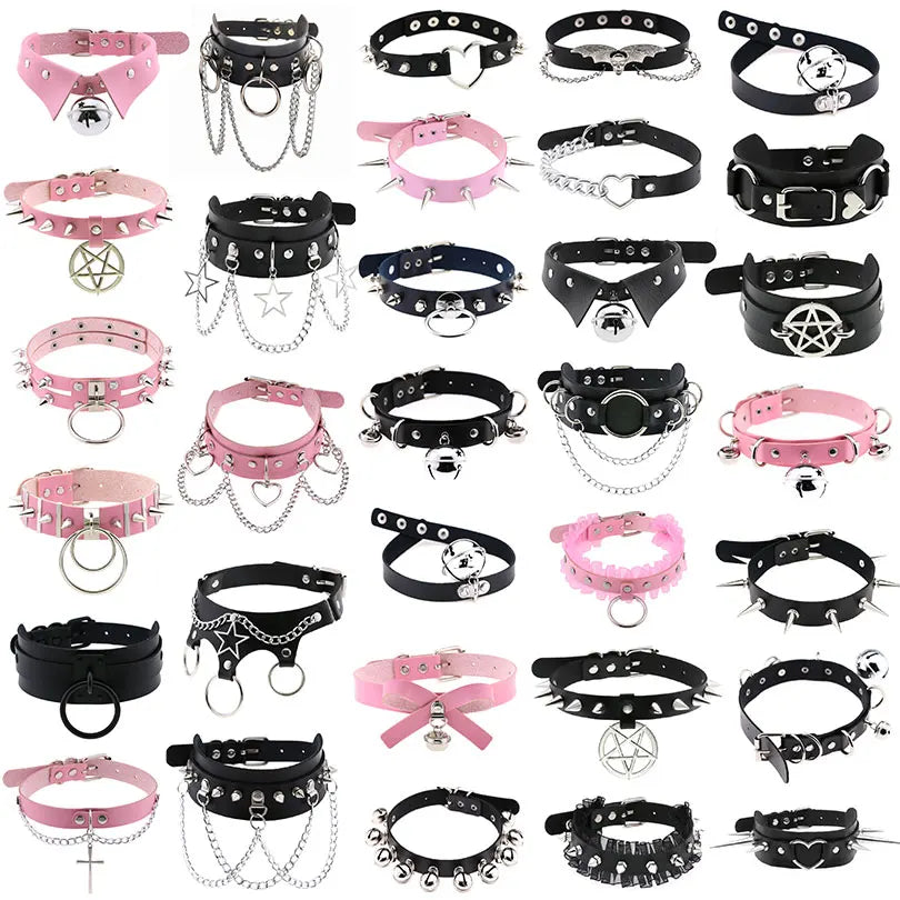 1Pc Harajuku Gothic Spike Rivet Star Necklaces Collares Hip Hop Rock Black Bowknot PU Lace Leather Sexy Y2K Girl Choker Jewelry