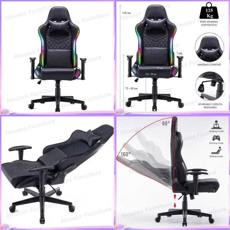 210 Gaming Chair Ergonomic Office Computer Desk Seat Adjustable Backrest Headrest RGB LED Light Imitation Leather Gamer