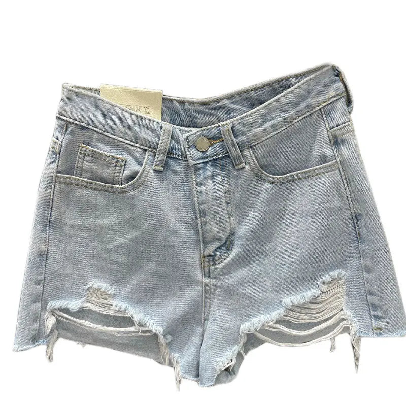 Trendy Women's Ripped Loose Fit High Waist Cotton Stretch Denim Shorts Frayed Hem A-Line Style Korean Version Summer Hot Pants