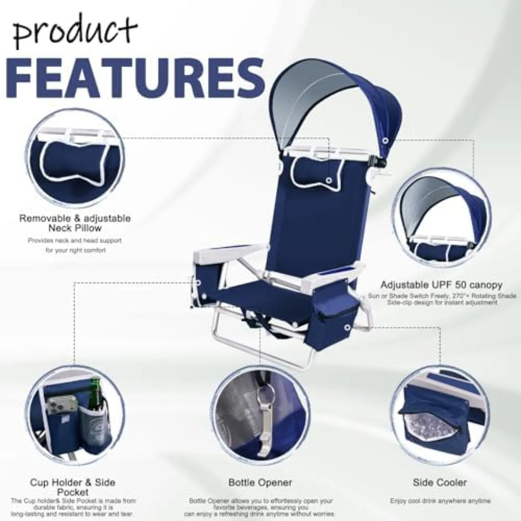 Beach Chair with Umbrella and Canopy Shade, Aluminum Backpack Beach Chairs for Adults, Adjustable Sun Shade, 5 Position