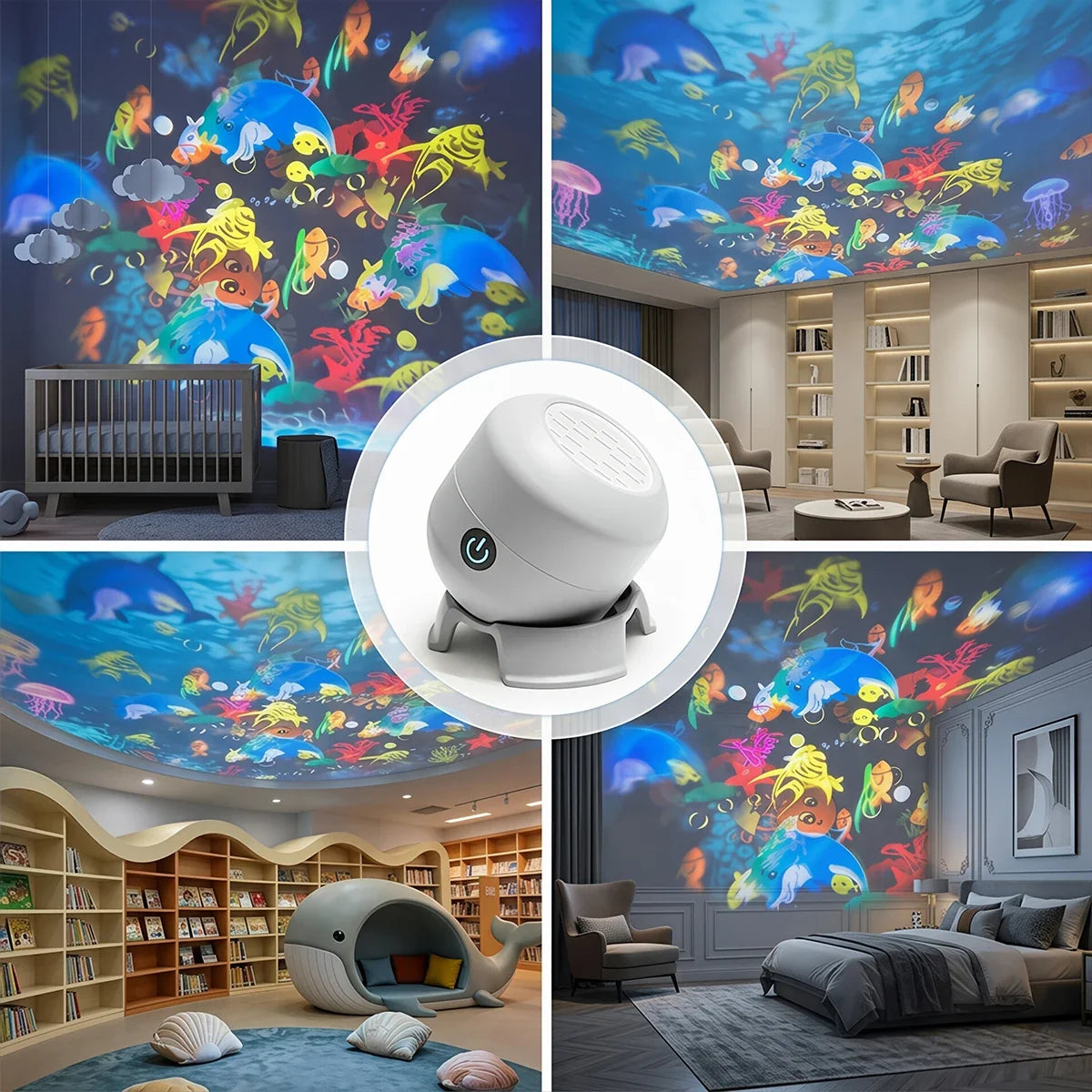 USB Powered 360° Rotating Dynamic Ambient Light LED Ocean Projector Night Light Ocean-Themed Decor Lamp for Living Room Bedroom