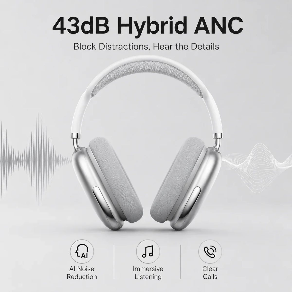 ANC Bluetooth Headphones Wireless Earphones Over Ear 43dB Noise Cancelling HiFi Stereo 50H Playtime Bluetooth 5.4 AUX Cable