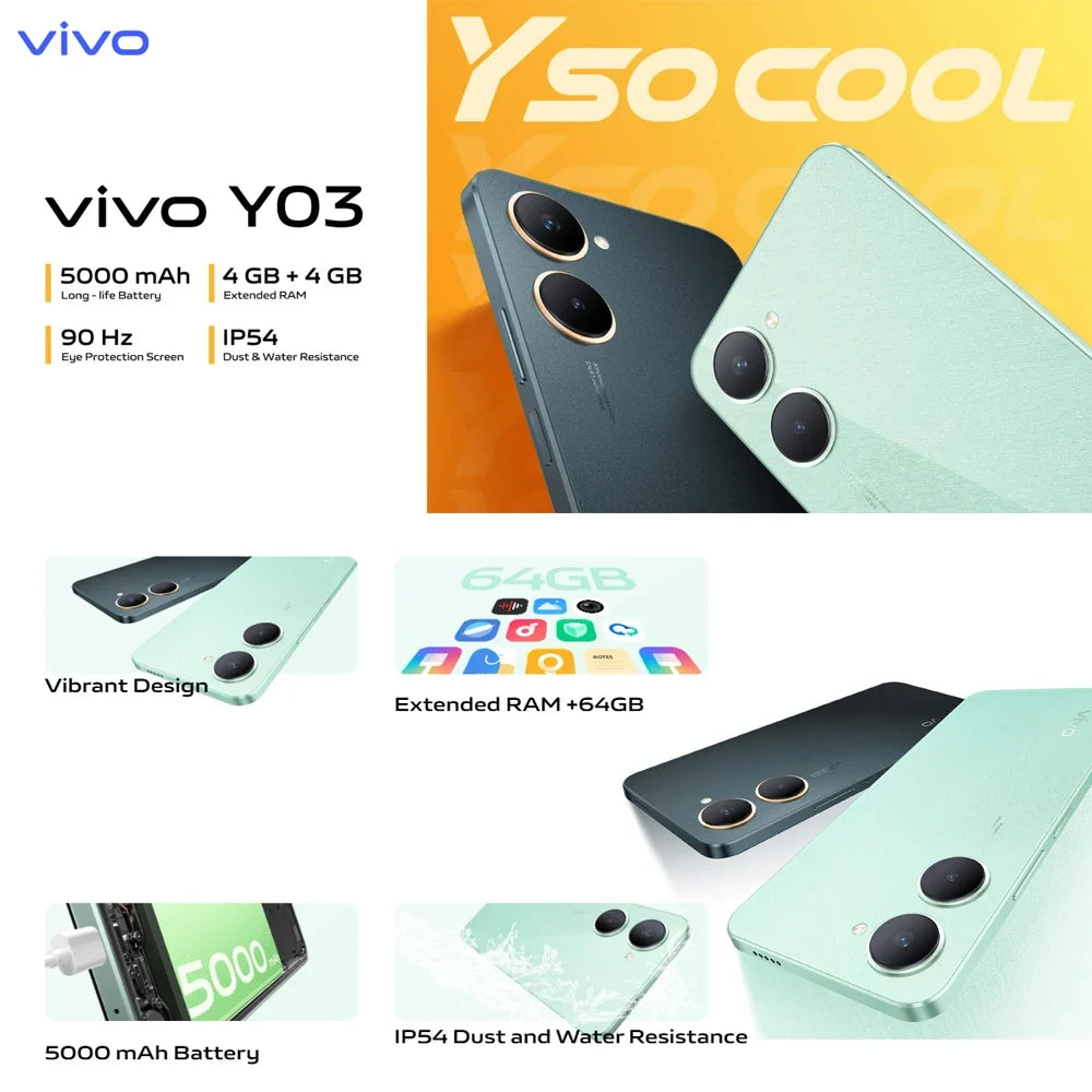 VIVO Y03 4G original fashion smart phone 8GB+256gb large memory/5000mah long standby battery/USB Type-C interface