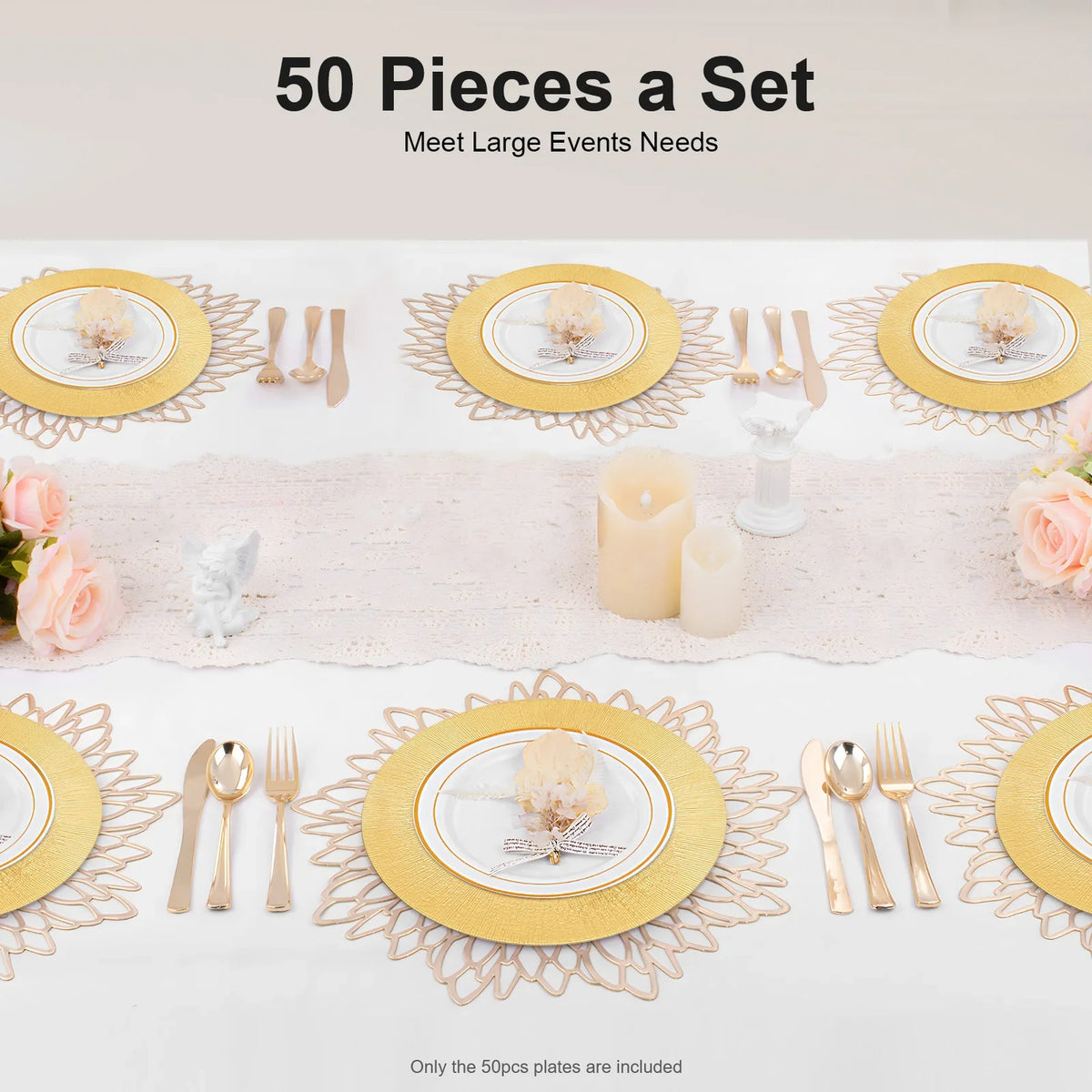 Gold Round Charger Plates Set 50Pcs PP Reusable Serving Plates For Wedding Banquet Hotel Restaurant Party Table Decor