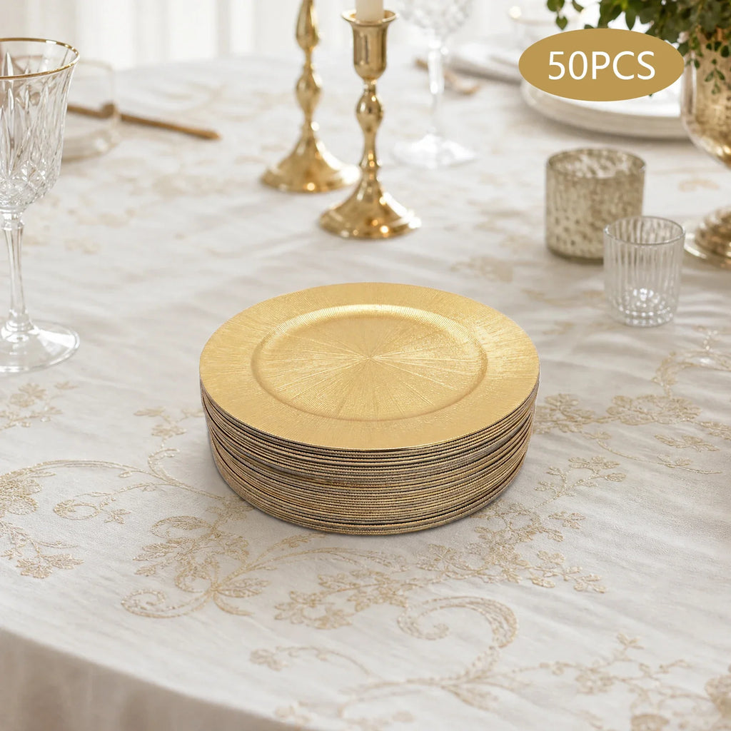 Gold Round Charger Plates Set 50Pcs PP Reusable Serving Plates For Wedding Banquet Hotel Restaurant Party Table Decor