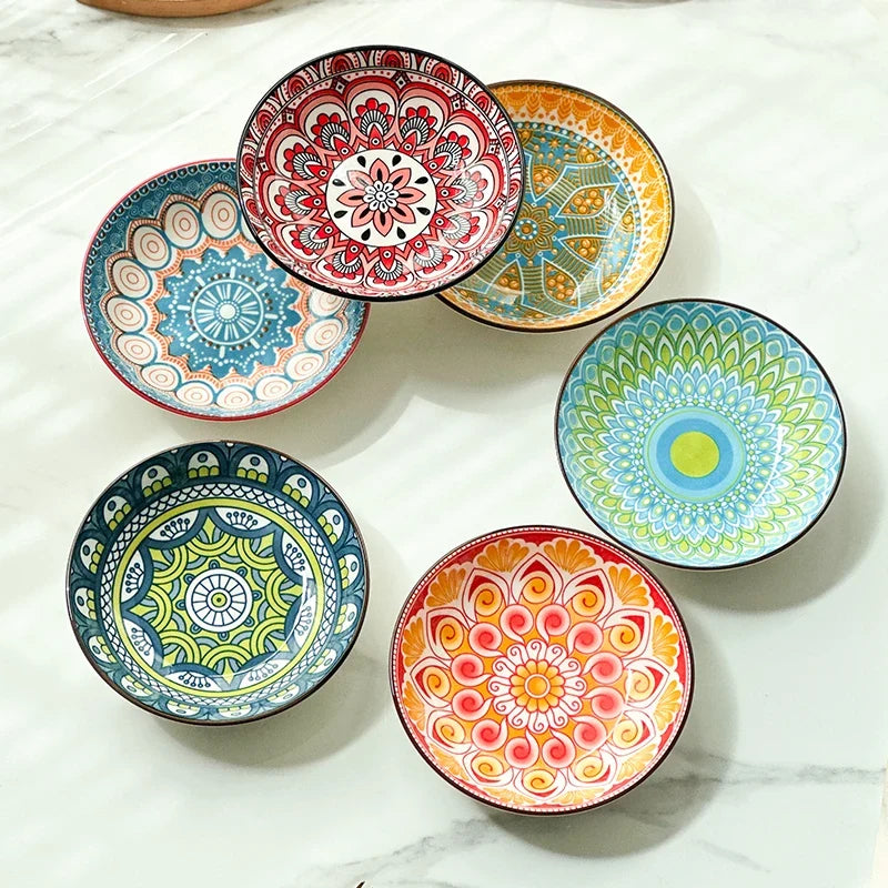 6-Piece Bohemian Ceramic Plates 5.7 Inch - Creative for Breakfast/Salad/Pasta/Dessert/Appetizer, Microwave/Oven/Dishwasher Safe