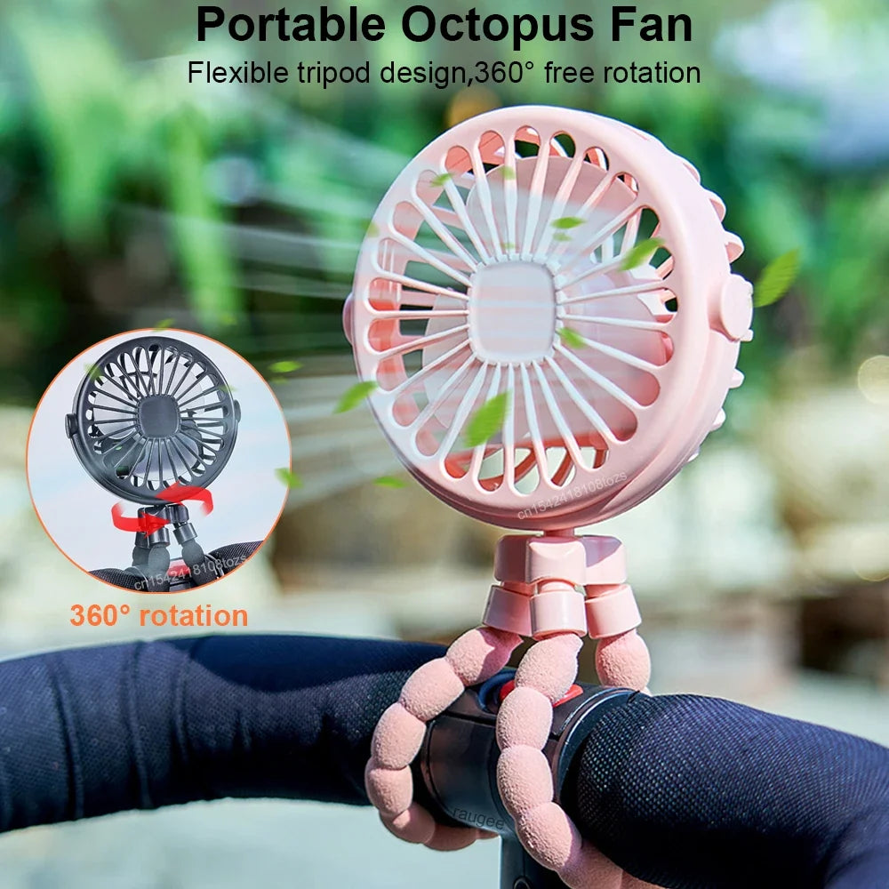 Octopus Fan Mini Flexible Tripod Cooler Fan Portable 360° Rotate Handheld Desk Fan for Stroller Bike Travel Winding Vertical Fan