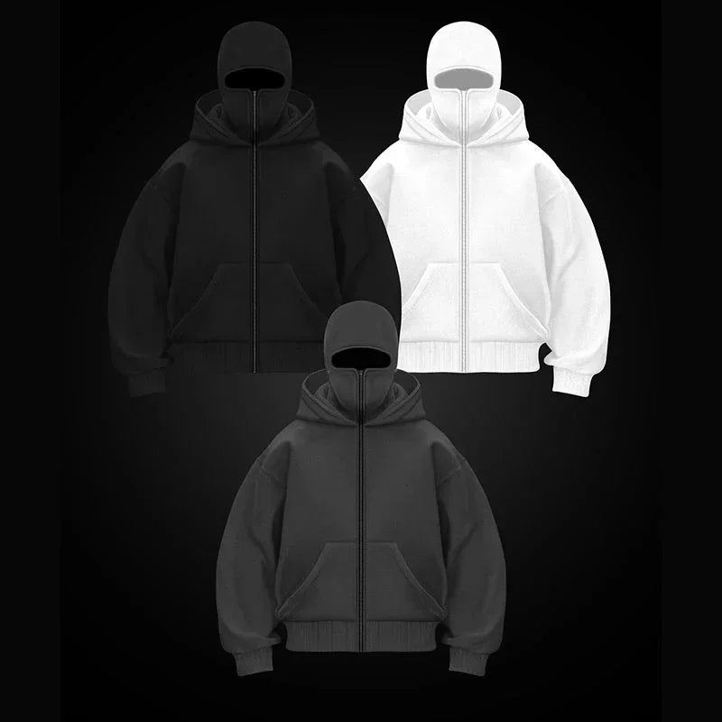 Men's Balaclava Zip Hoodie, Winter Warm Face Mask Hooded Jacket