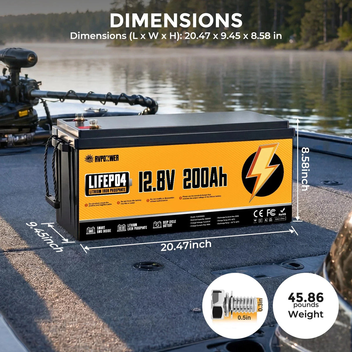 RVPOZWER LiFePO4 Lithium Battery, Deep Cycle Rechargeable, Long Service Life Portable Power Battery for RV, Boat, Travel Trailer, Camper Van, Off-Grid Solar System, 12V/200Ah/2560Wh