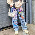 Women's 2023 New Street Fashion INS Network Red American Individualized Girls' Graphic Print Perforated Beggar Denim Pants