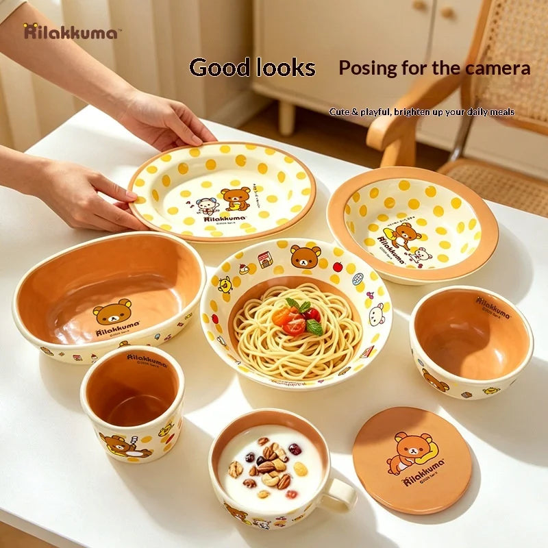 Mtutu 2026 New Rilakkuma Ceramic Tableware Set Cute Printed Plate Soup Bowl Fruit Plate Mug Cup Set Home Supplies Holiday Gifts